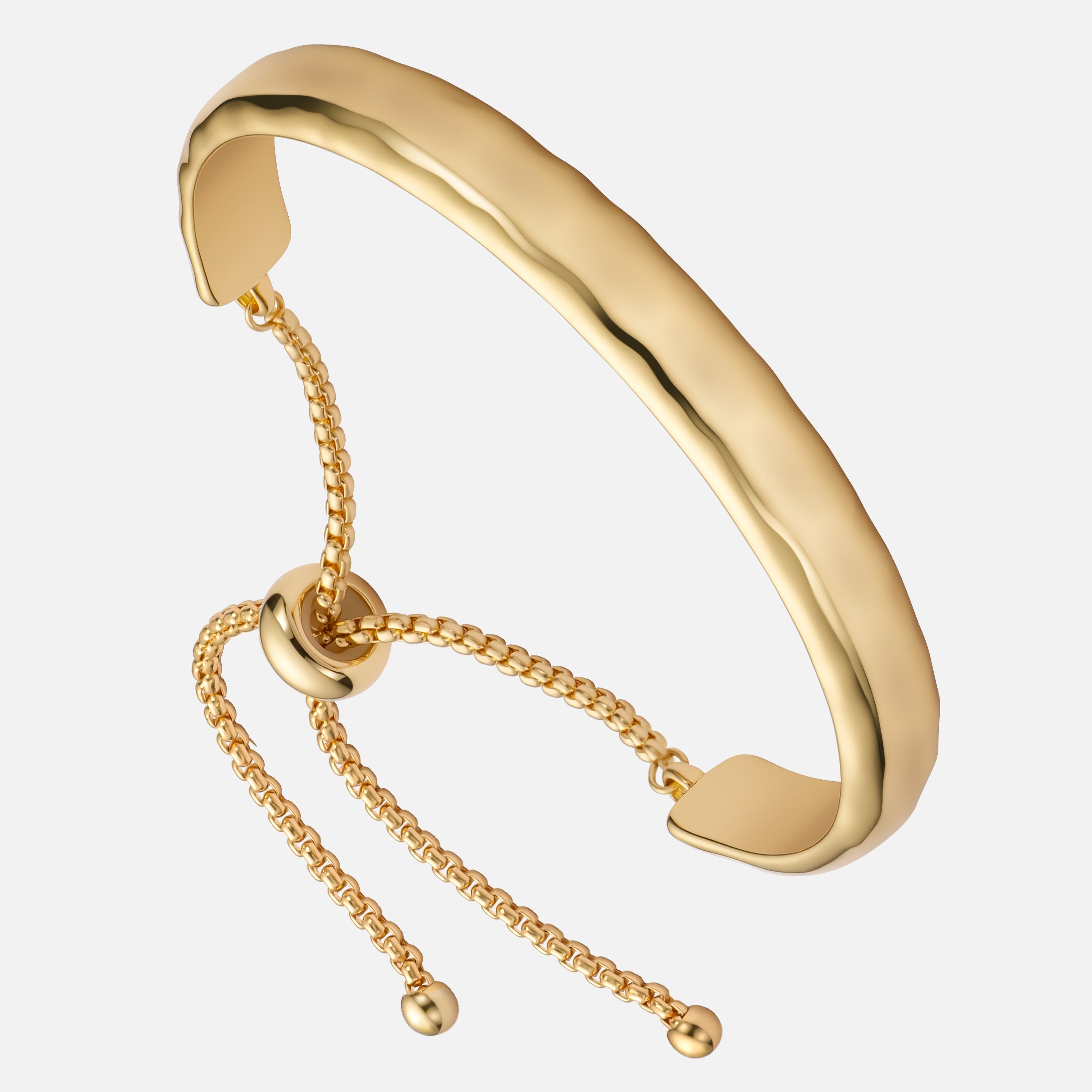 Aurora Glide adjustable gold bangle bracelet with sliding chain closure, side view showing sculpted curved design