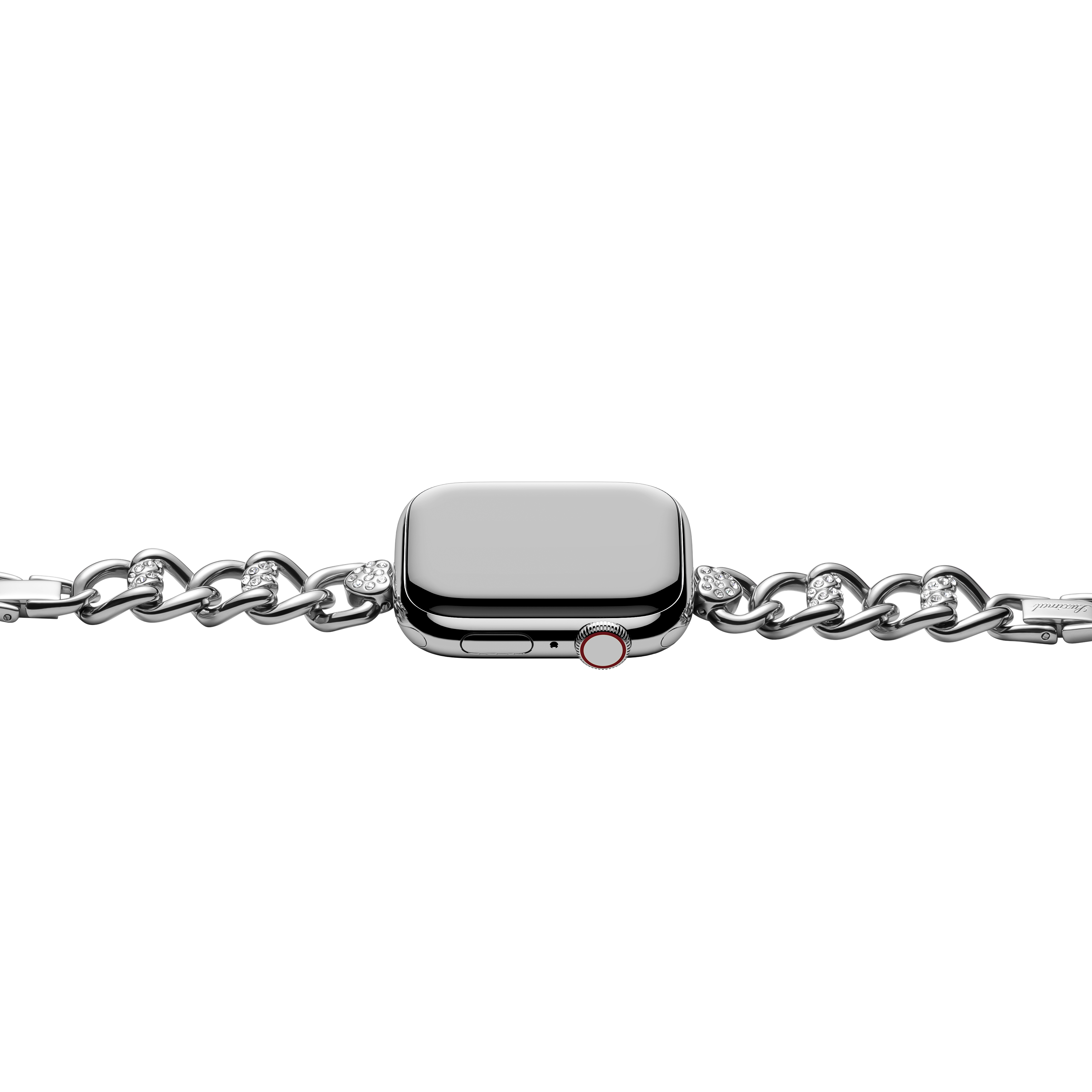 Heart Woven Pave Silver Apple Watch Band horizontal side view with Apple Watch attached