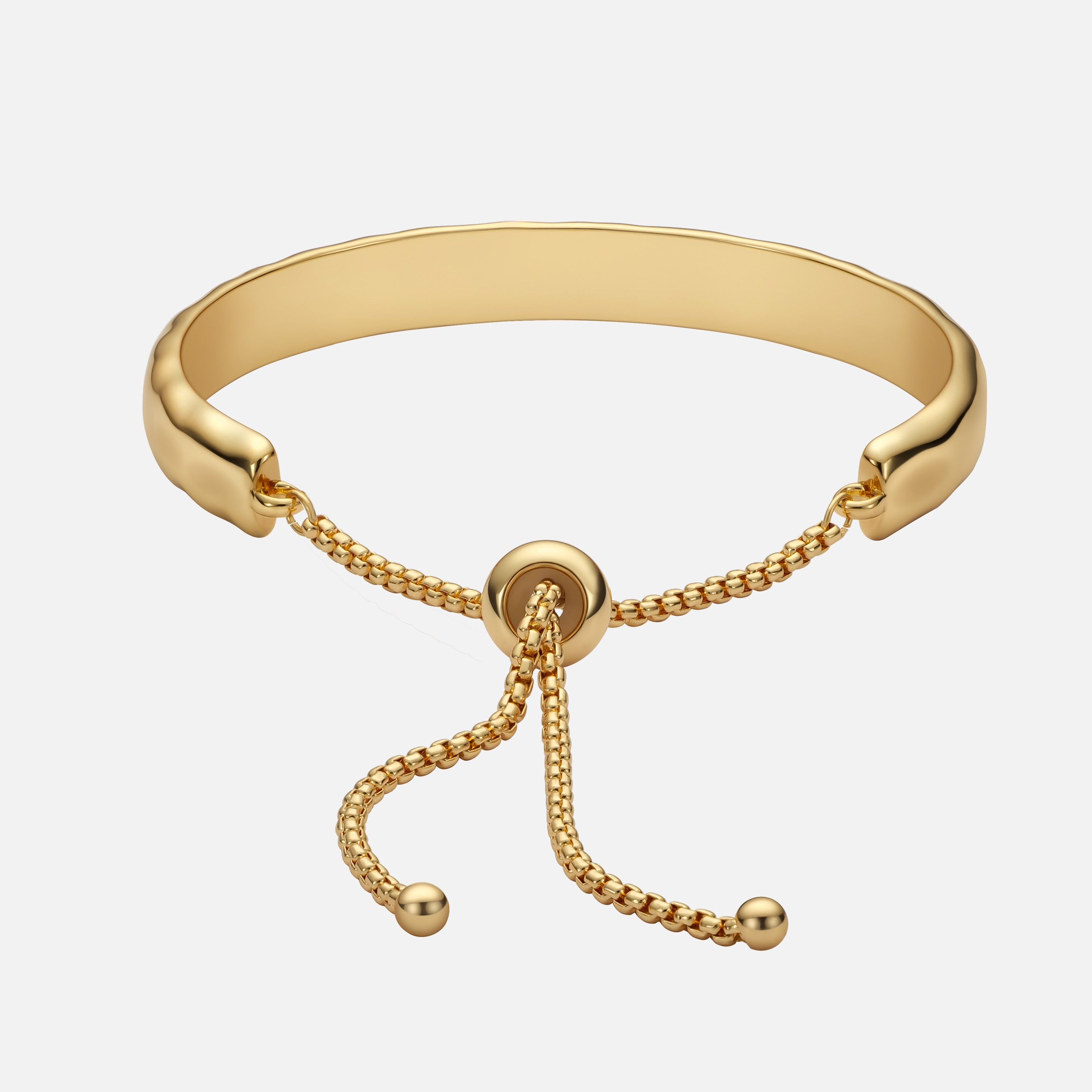Aurora Glide adjustable gold bangle bracelet front view with sliding clasp and minimalist polished finish