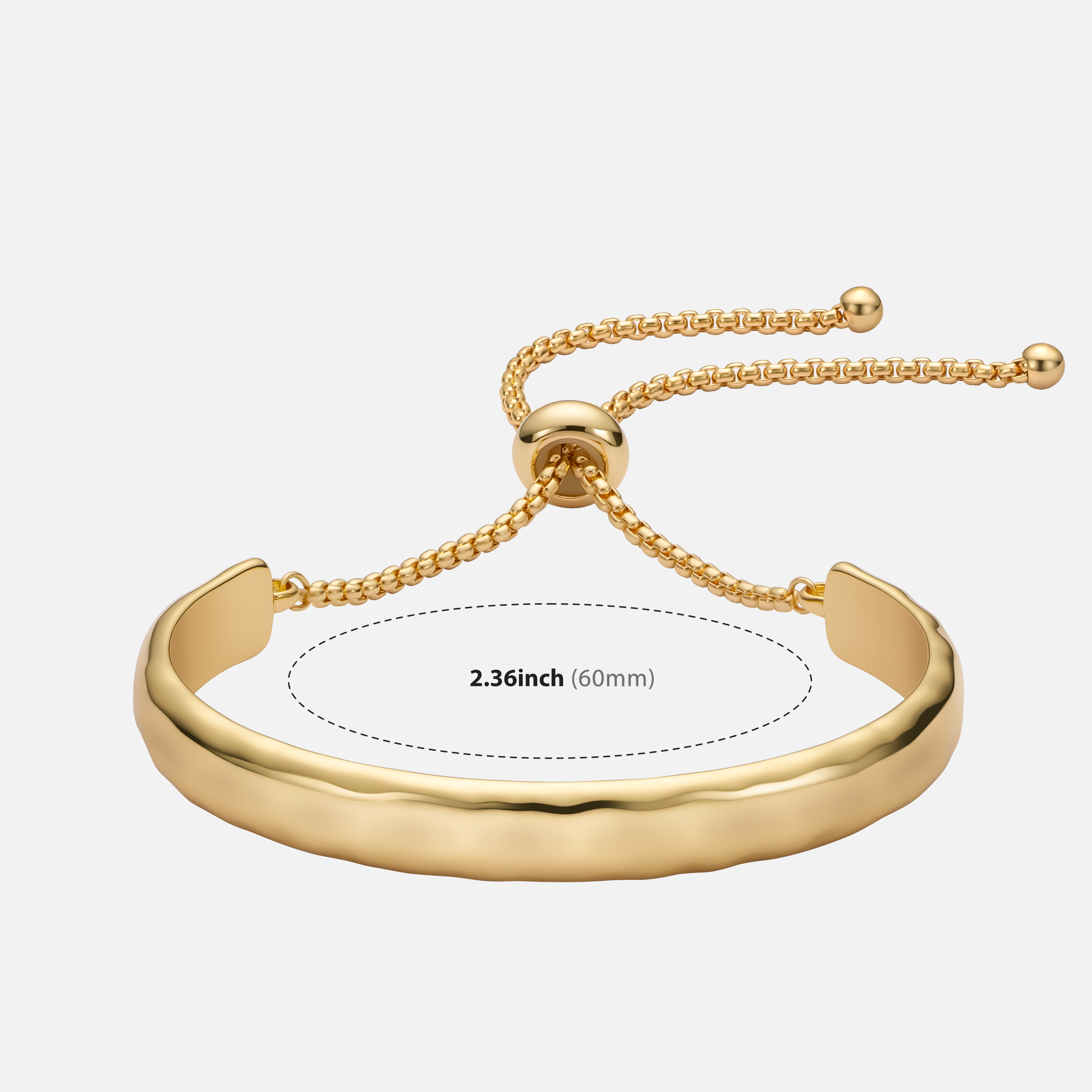 Aurora Glide adjustable gold bangle bracelet with sliding chain closure and 60mm inner diameter size detail