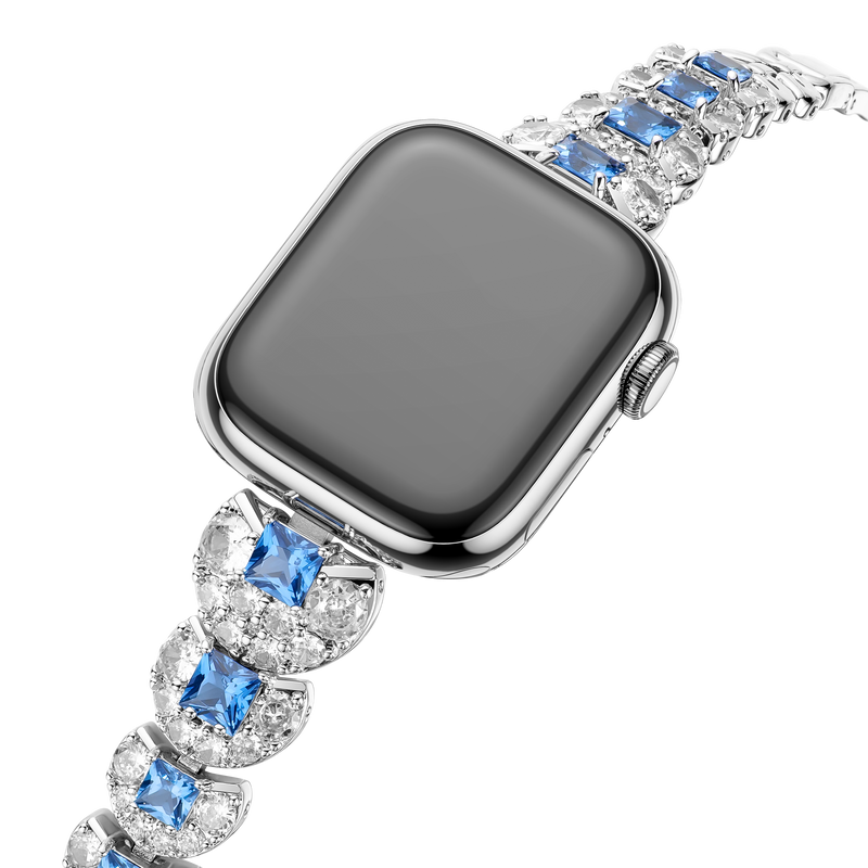 Model showcases Luximal sapphire Apple Watch band in video: Cosmic-star & 1920s-inspired, fuses Art Deco grandeur with modern vibe, sparkling gems shine elegantly.