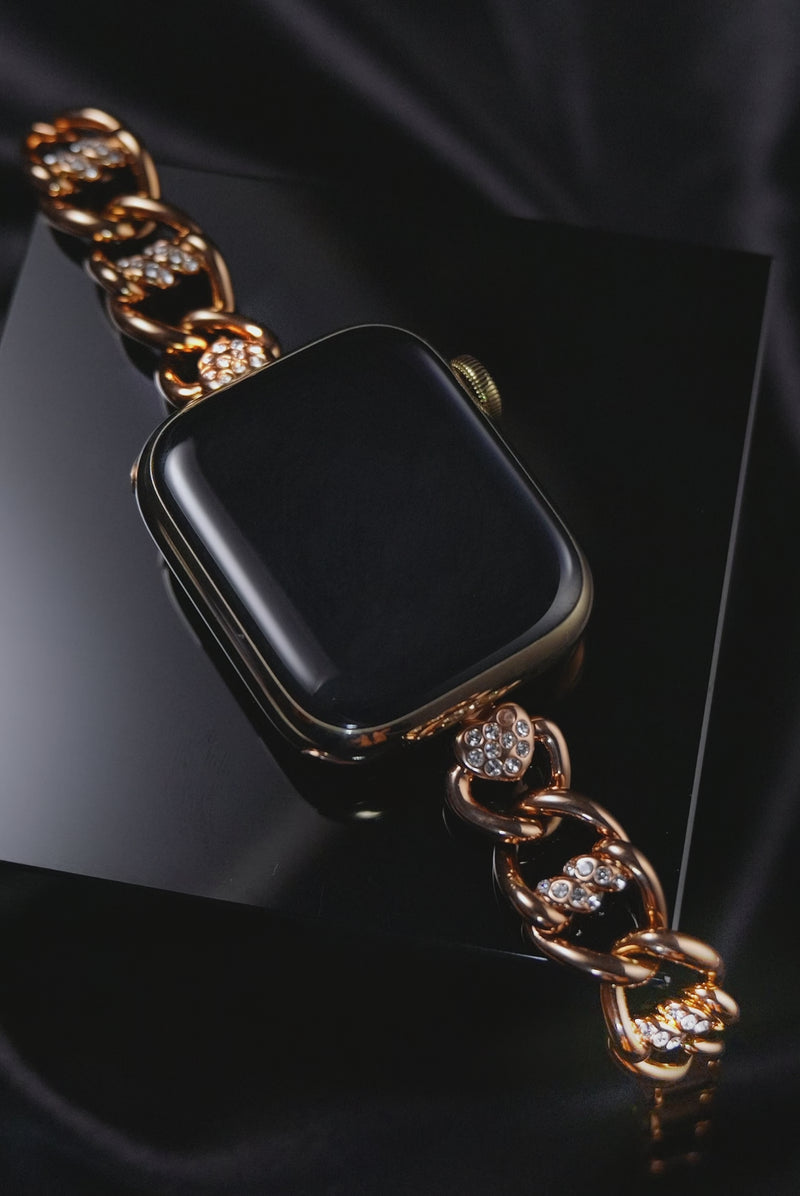 Heart Woven Pavé Gold Apple Watch strap jewelry style band bracelet for women with sparkling crystal details